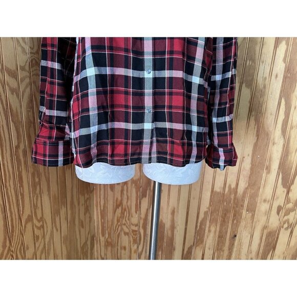 UNTUCKit For her Knit Plaid Button Up Shirt Womens Black & Red Western 8 - Picture 2 of 9
